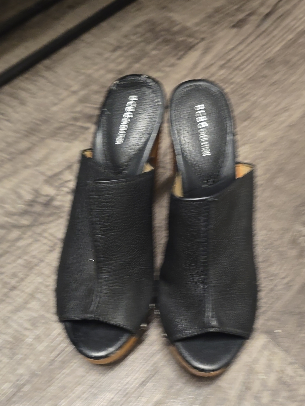 BCBGeneration Black Peep-Toe Slide Mules